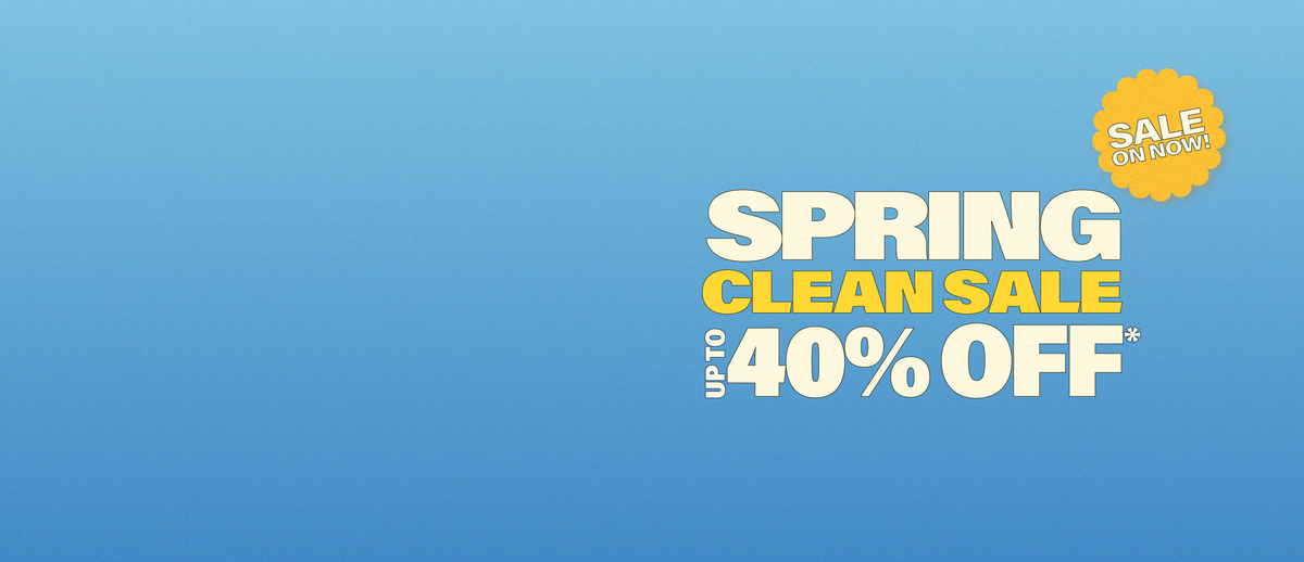 A promotional sale graphic with a blue gradient background and large white and yellow text reading 'SPRING CLEAN SALE UP TO 40% OFF'. A yellow circular badge in the top right says 'SALE ON NOW!'.