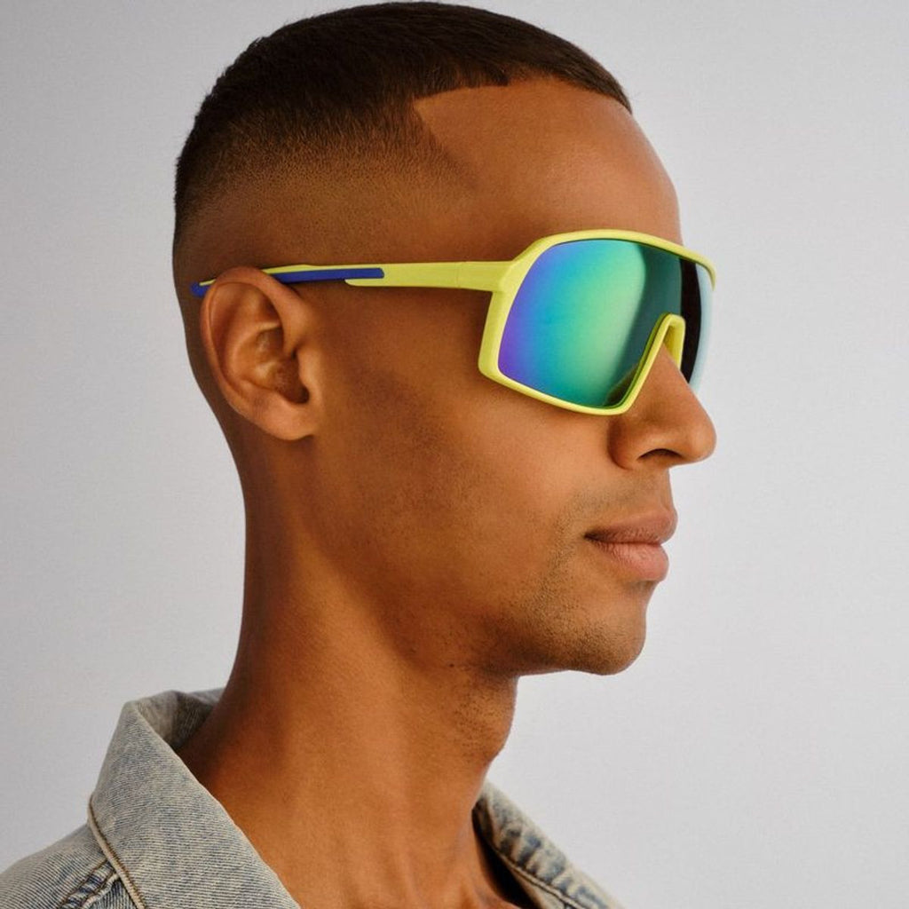Outfield Shield, Neon Green and Cobalt Blue/Rainbow Mirror Polarised Lenses