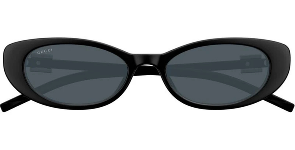Gucci GG1680S  cat-eye sunglasses with a glossy black frame and dark gray lenses, shown from the front on a white background.