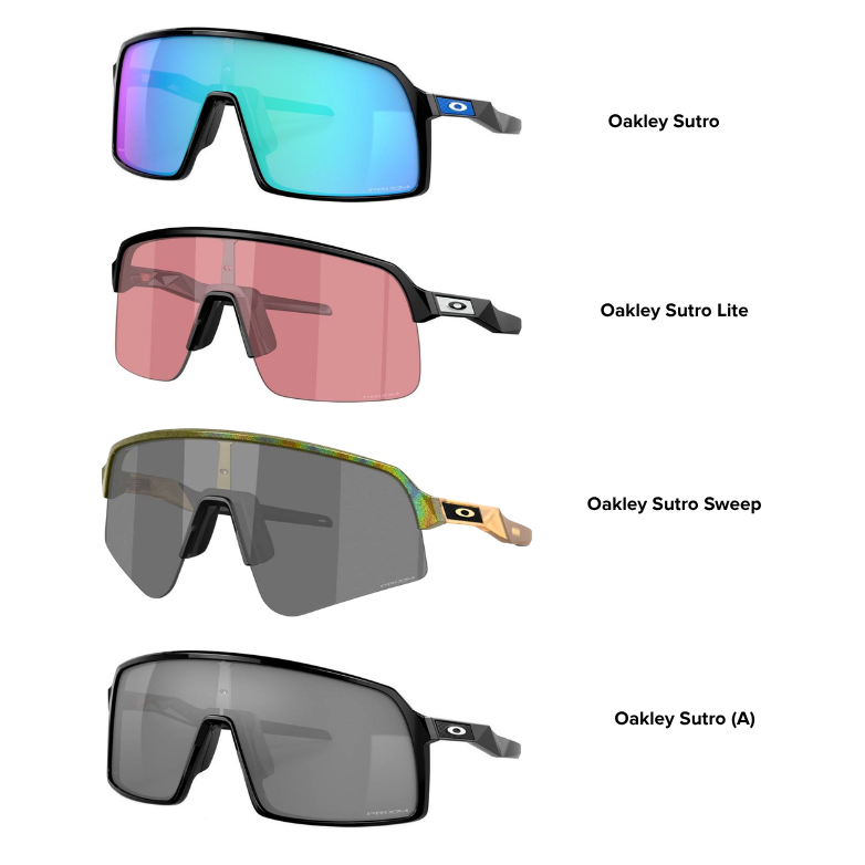Four different models of Oakley Sutro sunglasses on a white background