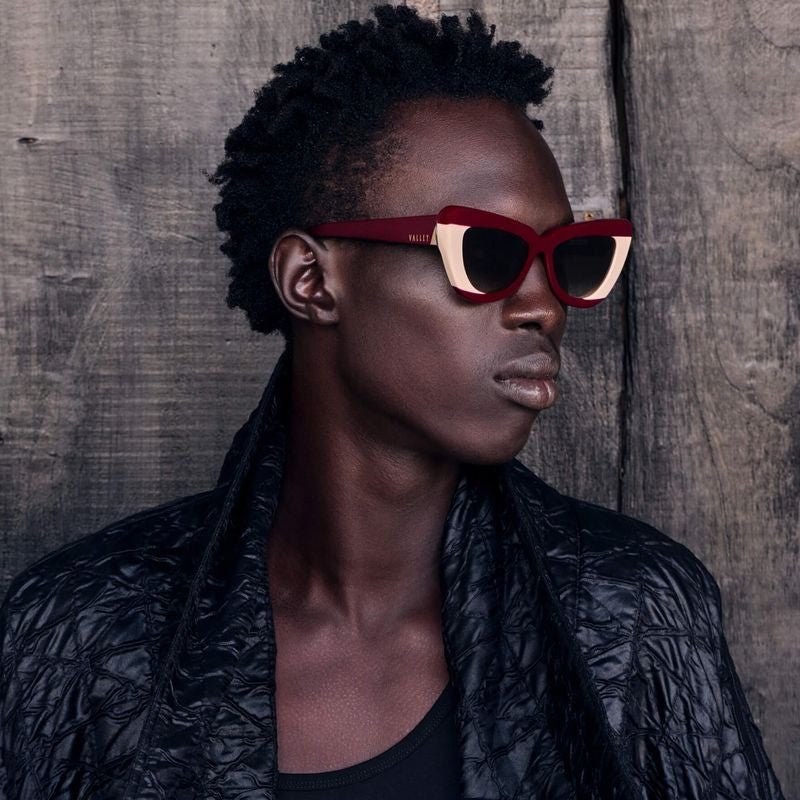 Lafayette, Burgundy Light Tan Splice with Gold Metal Trim/Brown Gradient Lenses