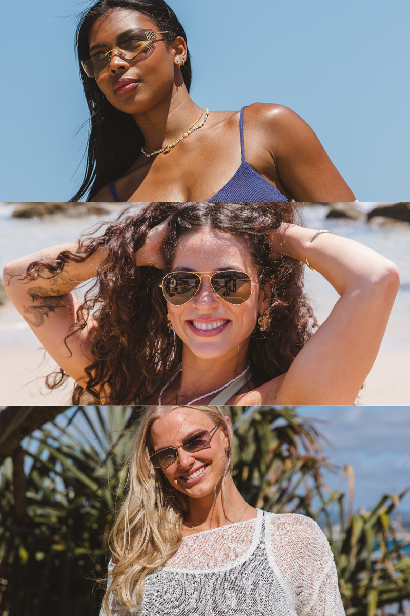 Three women different skin and hair tones wearing sunglasses 